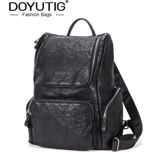 DOYUTIG New Arrival Mens 13.3 Inch Computer Backpack Large Capacity Leisure Male Black Genuine Leather OL Design Knapsacks H073
