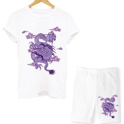 Chinese Dragon Print T-shirt and Shorts Sets Female Clothing Harajuku Casual Women Short Sleeve Two Piece Set Female T-shirt