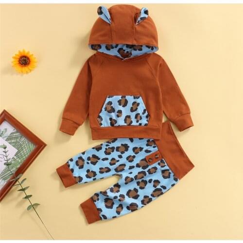 2 Pcs Newborn Set Leopard Print Outfits Toddler Color Block Long Sleeve Hooded Sweatshirt Trousers Clothes