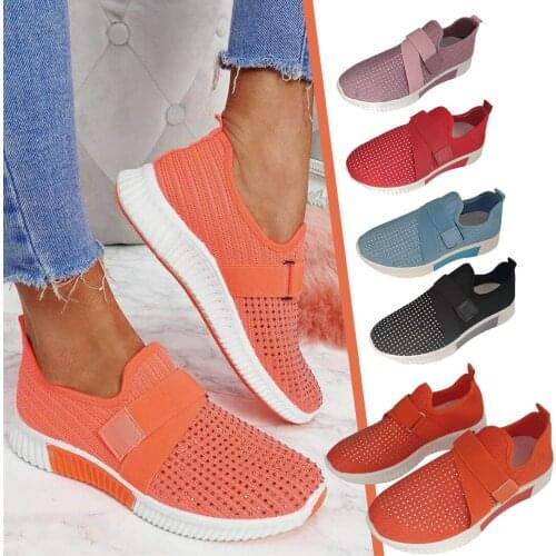 Flying Woven Breathable Womens Shoes With Flat Rhinestones Breathable Mesh Shoes Flat Heel Sequins Soft Sports Walking Shoes