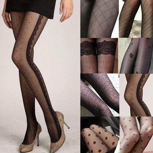 Fashion Sexy Women Lace Core Wire Jacquard Thin Slim Tights Black Silk Stockings