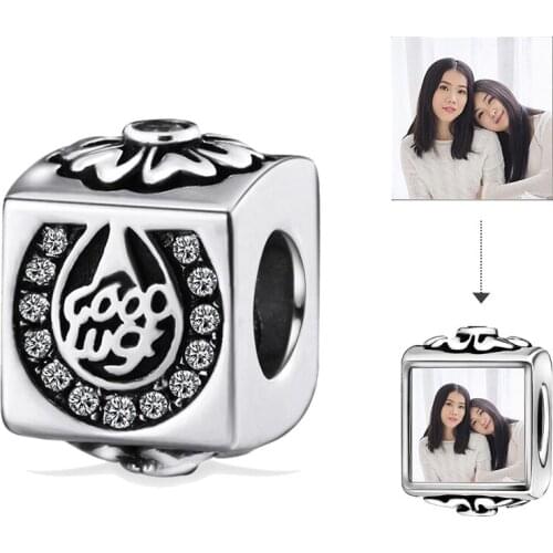 Fashion Jewelry 925 Sterling Silver Square Charms Good Luck Flower Pattern Custom Photo Beads fit Charm Bracelet Women Gift