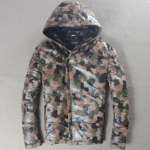 Mens Genuine Leather Jacket Camouflage color Hooded Down jacket Leisure Oblique zipper Short Sheepskin Winter coat
