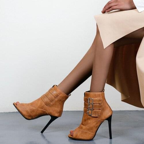 IPPEUM New Snake-print Women Ankle Boots Summer Peep Toe Belt Buckle Front Zipper High Heels Short Boots Fashion Female Shoes