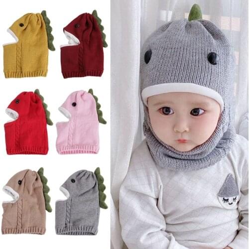 Toddler Kids Baby Winter Knitted Balaclava Beanie Hat Cute Cartoon Dinosaur Thick Lining Thermal Full Cover Earflap Hood