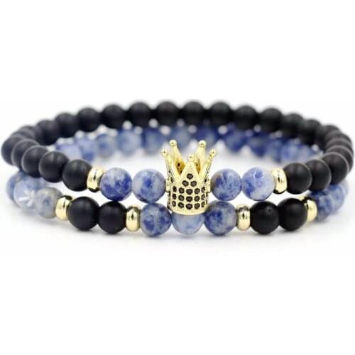 2pcs/set 6mm Blue Dot Onyx Stone Strand Bracelet Men Imperial Crown Charm Chakra Bracelets For Women Couples Love Jewelry Gift