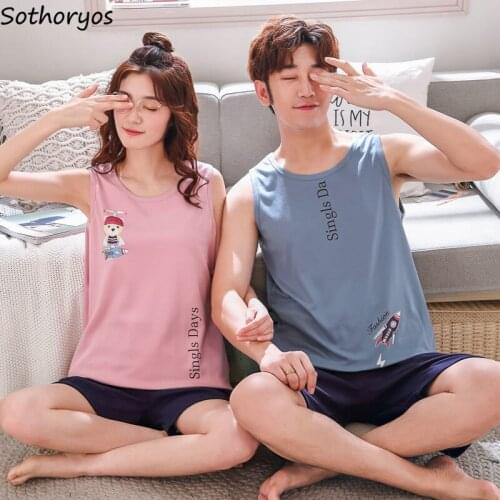 Pajama Sets Couples Vest Shorts Summer 3XL Stretchy Printing Korean Style Homewear Females Casual Kawaii Simple Elegant Loose