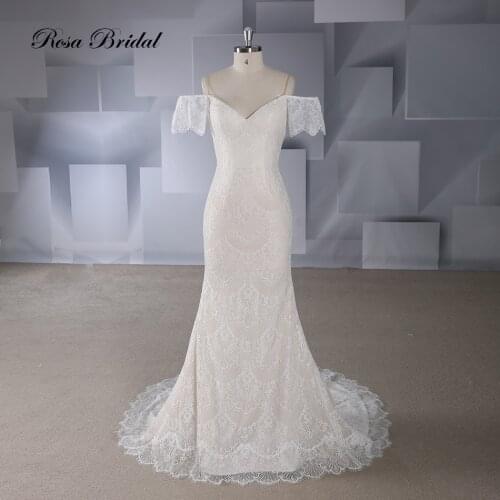 Rosabridal Mermaid Wedding Dress 2019 New Style Champagne off shoulder Spaghetti Straps Lace up Trumpet bridal gown court train
