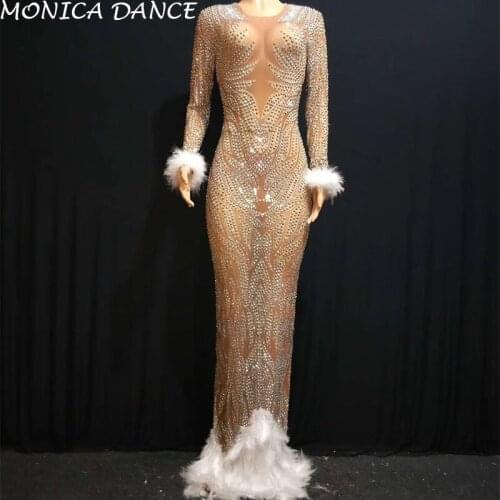 Sexy Full Rhinestones Mesh Long Dress Celebrate Feather Transparent Dress Dance Wear Womens Birthday Party Dance Dress