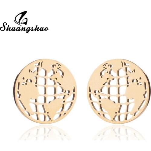 Shuangshuo Stainless Steel Origami Globe Earrings Simple World Map Ear Jewelry for Women Round Stud Earrings Earth Day Gift