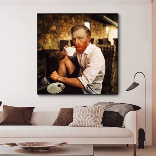 Funny Portrait Art Van Gogh Drinking Coffee Posters and Prints Canvas Paintings Wall Art Pictures for Living Room Decor No Frame