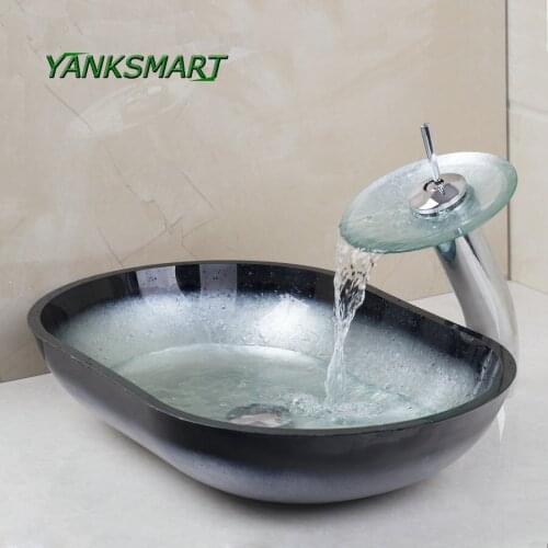 YANKSMART Glass Basin Sink Washbasin Counter top Washroom Vessel Vanity Sink Bathroom Mixer waterfall combo Faucet Set