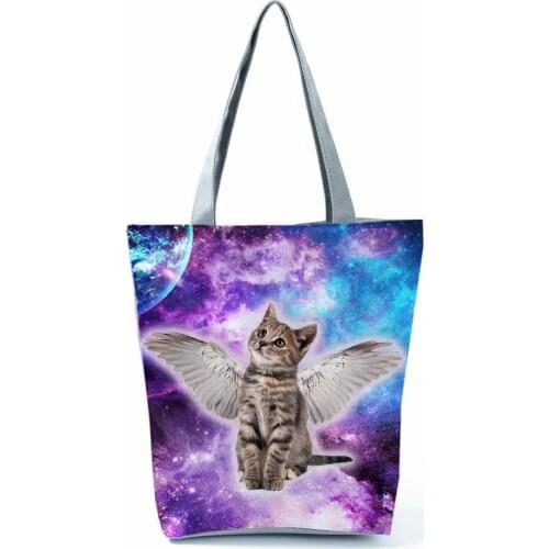 Purple Sky Shoulder Bag Cat with Wings Printed Handbags Fashion Pretty Tote Bag High Capacity Shopping Bag Portable Beach Bag