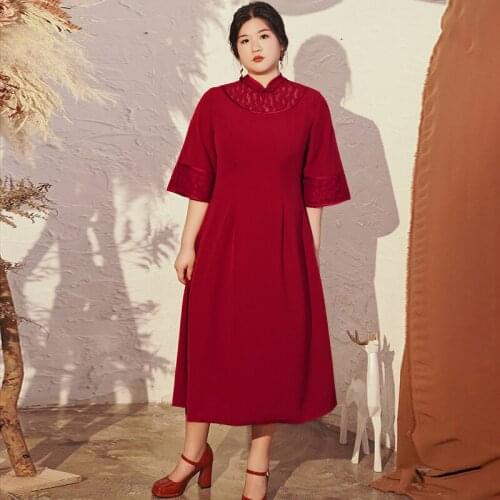 Evening Dress Flowers Print High Neck Half Sleeve Tea-Length A-Line Burgundy Elegant New Plus Size Women Party Formal Gowns D455