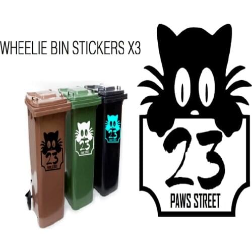 X3 WHEELIE BIN NUMBERS CAT CUSTOM HOUSE AND ROAD STREET NAME STICKERS