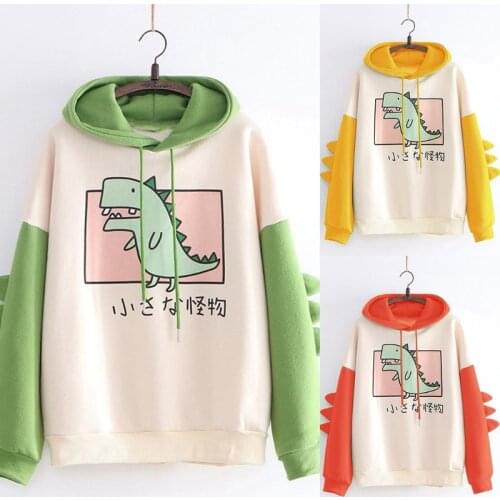 Japanese Women Long Sleeve Hoodies Cute Anime Dinosaur Print Splice Drawstring Sweatshirt Cosplay Cartoon Pullover Tops
