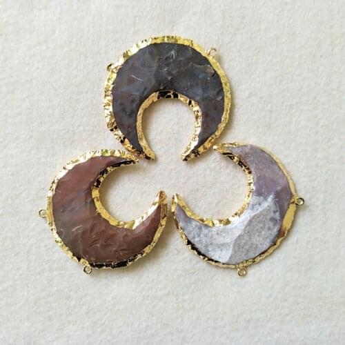5pcs Gold color Natural Moon Jasper Connector Double Bails Gemstone Agat e geode For DIY Making Bracelet necklace CT16