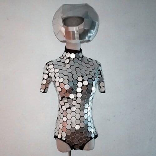 Mirror Stage Costumes Women Silver Mirrored Short Sleeve Jumpsuit Bar Singer Dj Ds Sexy Bodysuit Nightclub Party Wear DNV12695