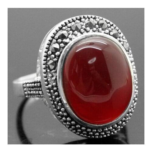 Ladys fashion 17*21mm VINTAGE RARE NATURAL RED jade MARCASITE RING SIZE 6/7/8/9