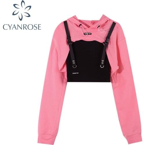 Women Fashion Casual Sexy Punk Goth Hoodie Long Sleeve Stylish Crop Top Spring Autumn Pullover Thin Sweatshirt Pink Tracksuit