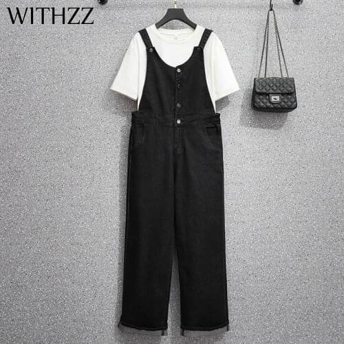 WITHZZ Spring Autumn Womans High Waist Loose Pure Color Elasticity Denim Overalls Jeans