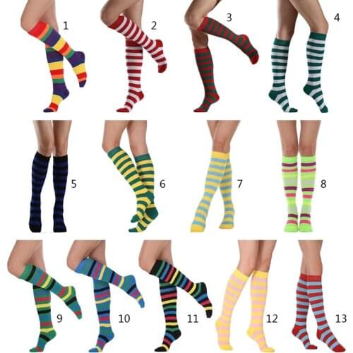 Women Cotton Knee High Socks Rainbow Colorful Striped Cosplay Dance Party Breathable Stretch Long Stockings Hosiery