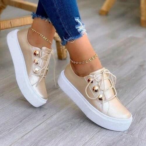 2021 Women Solid Shoes Lady All Match Comfortable Round Toe Sneakers Casual Sport Shoes New Fashion Leather Lace Up Thick Soles