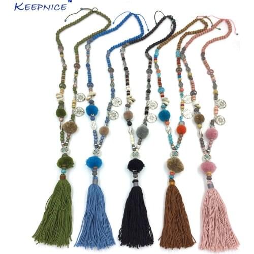 Hot Sale Plant Women Wood Maxi Necklace Collares Collier New Fashion Pompoms Pendants Necklace Tassel Long Boho Multicolor