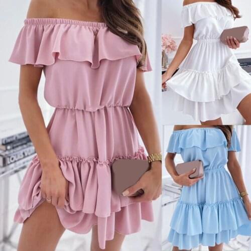 Women Dress Solid Color Short-sleeve Loose Dress Casual Dress Dress One Word Collar Fashion Off-shoulder Ruffle Dress Summer