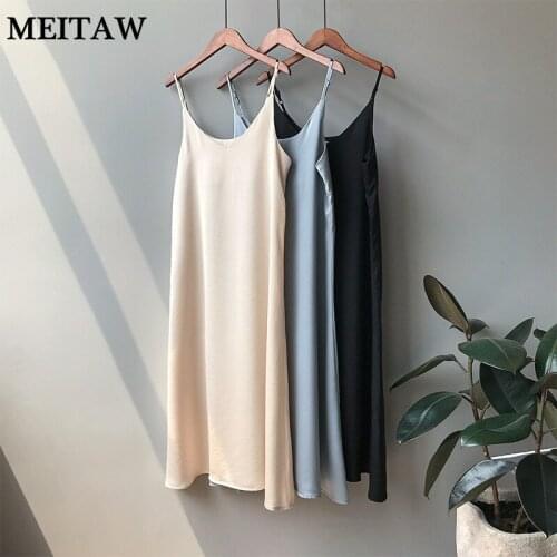 2020 Spring Women Solid Beach Dress Sexy Sleeveless Camisole Elastic Casual Dress Vintage Elegant Satin Tank Dresses