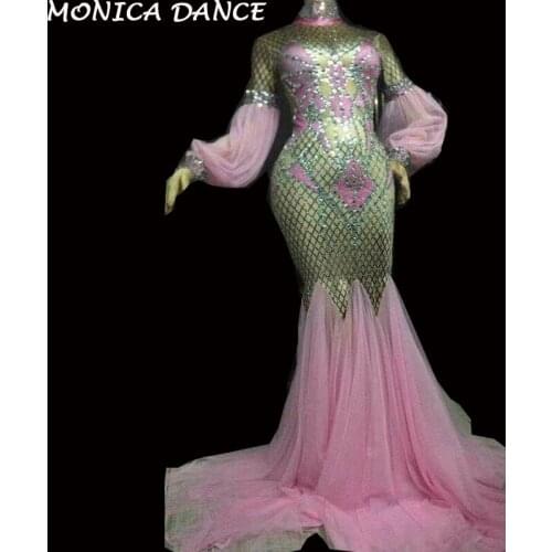 Women Sexy Pink Long Dress Sparkling Crystals Birthday Party Celebrate Performance Dancer Singer Stage Wear Bling Dance Costume