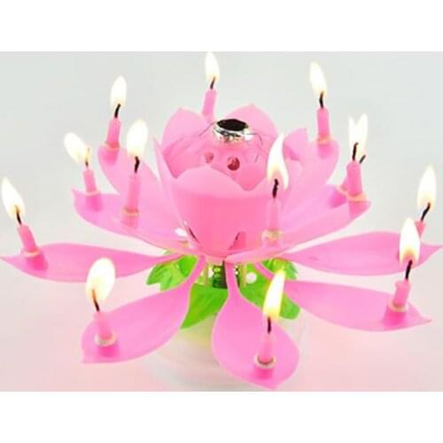1PC Beautiful Blossom Lotus Flower Candle Birthday Party Cake Music Sparkle Cake Topper Rotating Candles Decoration