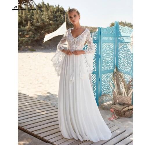 2021 V Neck Lace Chiffon Bohemia Style Backless V Shape Back Wedding Dresses Flare Sleeve A Line Boho vestido para boda playa