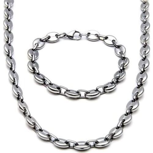 2021 New Wide Brand Gold Tone Stainless Steel jewelry Coffee Bean Link Chain Necklace Bracelet Set