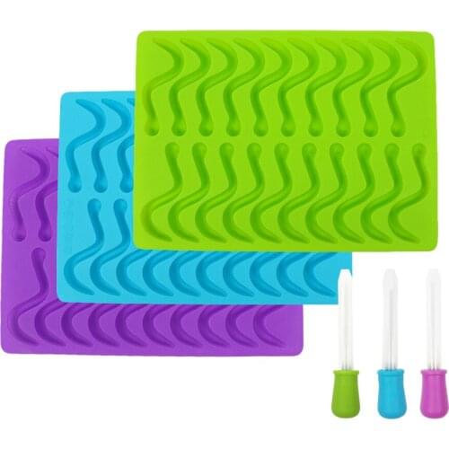 3 Pack Gummy Earthworm Worm Snakes Candy Molds Silicone with Bonus Droppers Nonstick for Chocolate Mint Chewing Gum for Kids