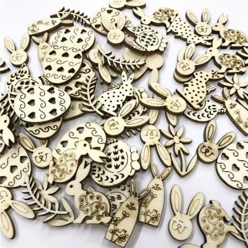 300PCS Laser Cut Wooden Happy Easter Rabbit Eggs Wooden Craft Decor Party DIY Handcraft Wood Chips Natural Hanging Ornaments