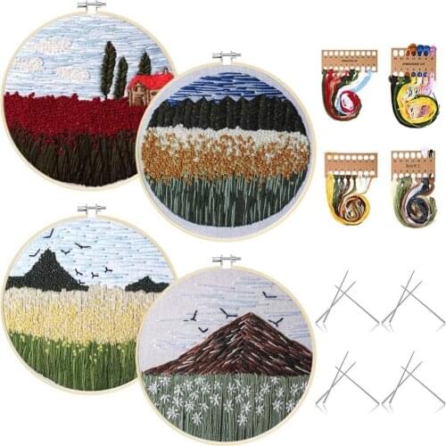 4pcs DIY Flowers Plants Pattern Embroidery Set Needlework Tools Printed Embroidery Fabric Round Embroidery Kit Sewing Craft Kit