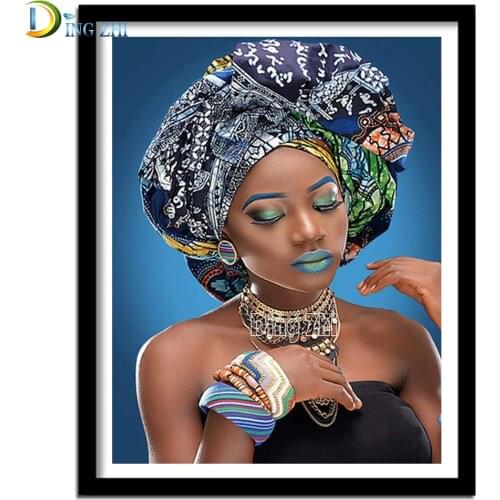 5D Round Diamond Embroidery African Woman Portrait Picture Diamond Painting Mosaic Full Square Featured Hijab Handmade Gift