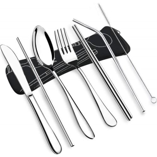 7Pcs/Set Portable Reusable Dinnerware Set Stainless Steel Spoon Fork Chopsticks Straw Fork Knife Cutlery Tableware for Picnic