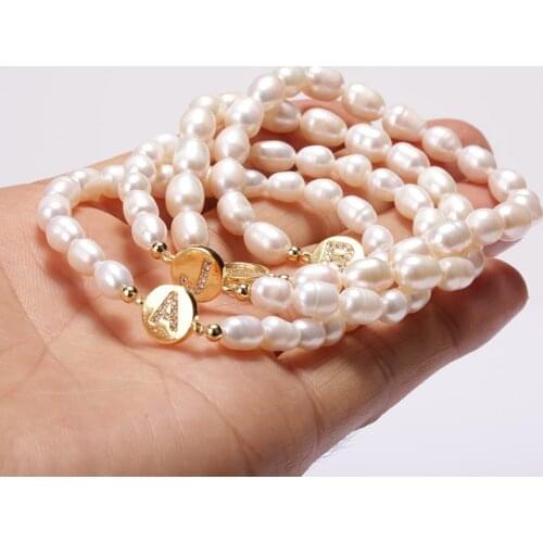 Natural Freshwater Pearl Jewel Alphabet Initial 26 Letter Name Gold Coin Paved C Zircon Charm Bracelet For Woman Girlt Gift