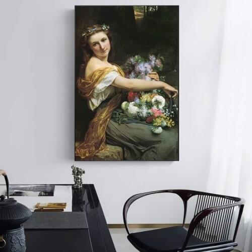 Girl with Flowers by Pierre Auguste Cot Famous Oil Painting Reproduction on Canvas Poster Print Wall picture for living room