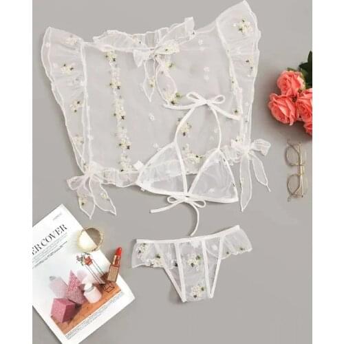 Womens Lingerie Sexy Mesh Bra Set Off Shoulder Ruffle Underwear Suit Cute Dot Wireless Transparent Bralette Thong Intimates