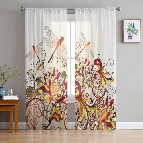 Dragonfly Flowers Window Curtains Living Room Tulle Curtains Kitchen Decor Kids Room Curtain Window Treatment