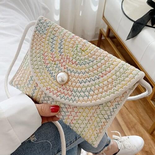 Elegant Women Shoulder Bag Summer Straw Beach Bohemian Clutch Female Crossbody Knitted Pearl Luxury Hasp Messenger Small Black