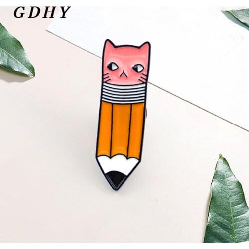 GDHY Cute Kitten Pencil Brooch Pencil With Pink Cat Face Eraser Enamel Pins Gifts For Kids Denim Sweater Backpack Jewelry