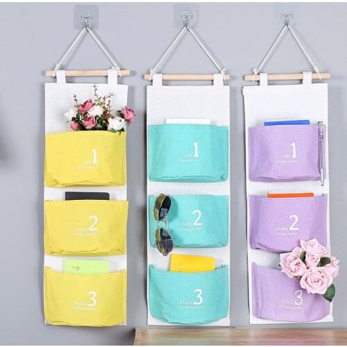 Cotton Linen Hanging Storage Bag 3 Pockets Wall Mounted Wardrobe Hanging Bag Cosmetic Toys Organizer