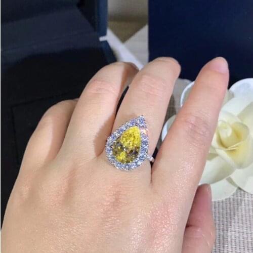 Fashion huge Pear Shape Dark yellow Crystal Ring for Women Anniversary CZ teardrop Ring silver 925 jewelry Engagement Bijoux