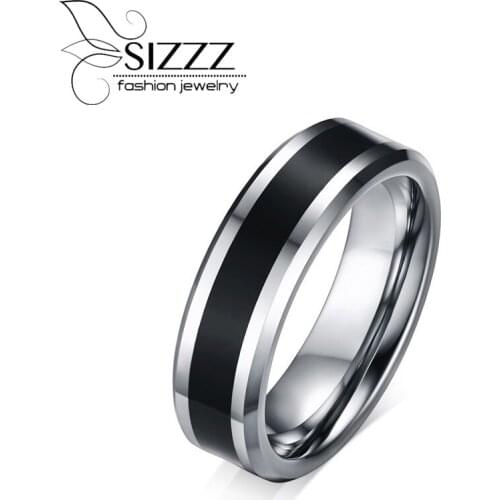 Sizzz Men Tungsten Wedding Band Ring with Black Carbon Fiber Inlay 6mm Tungsten Carbide Fashionable Jewelry Size 7 to 12