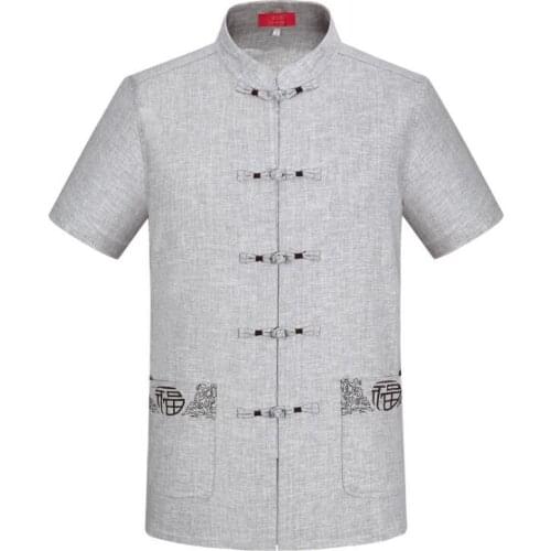 Short sleeve middle-aged Chinese tunic suit man embroidery jacket men flax blazer coat mens Tang suit Chinese style stand collar
