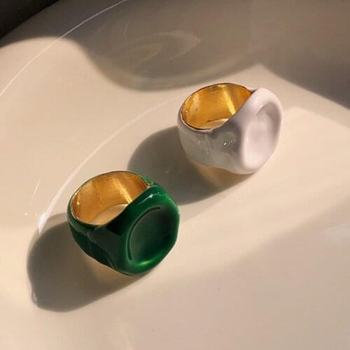 2021 New Summer Punk Metal Geometric Irregular Green Round Enamel Dripping Oil Ring for Women Man Hip-Hop Party Jewelry Gifts